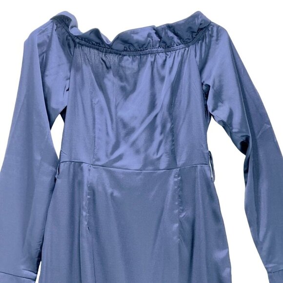 PRETTY LITTLE THING Women's Dress Blue Silky Maxi Ruffled Side Seam Slit Size 4 - Picture 5 of 7